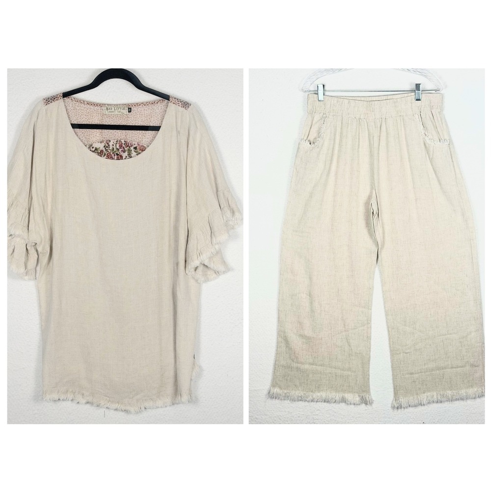 Bad Little Country Girl Linen Blend Floral Leopard Mixed Media Top Pants Set 1XL